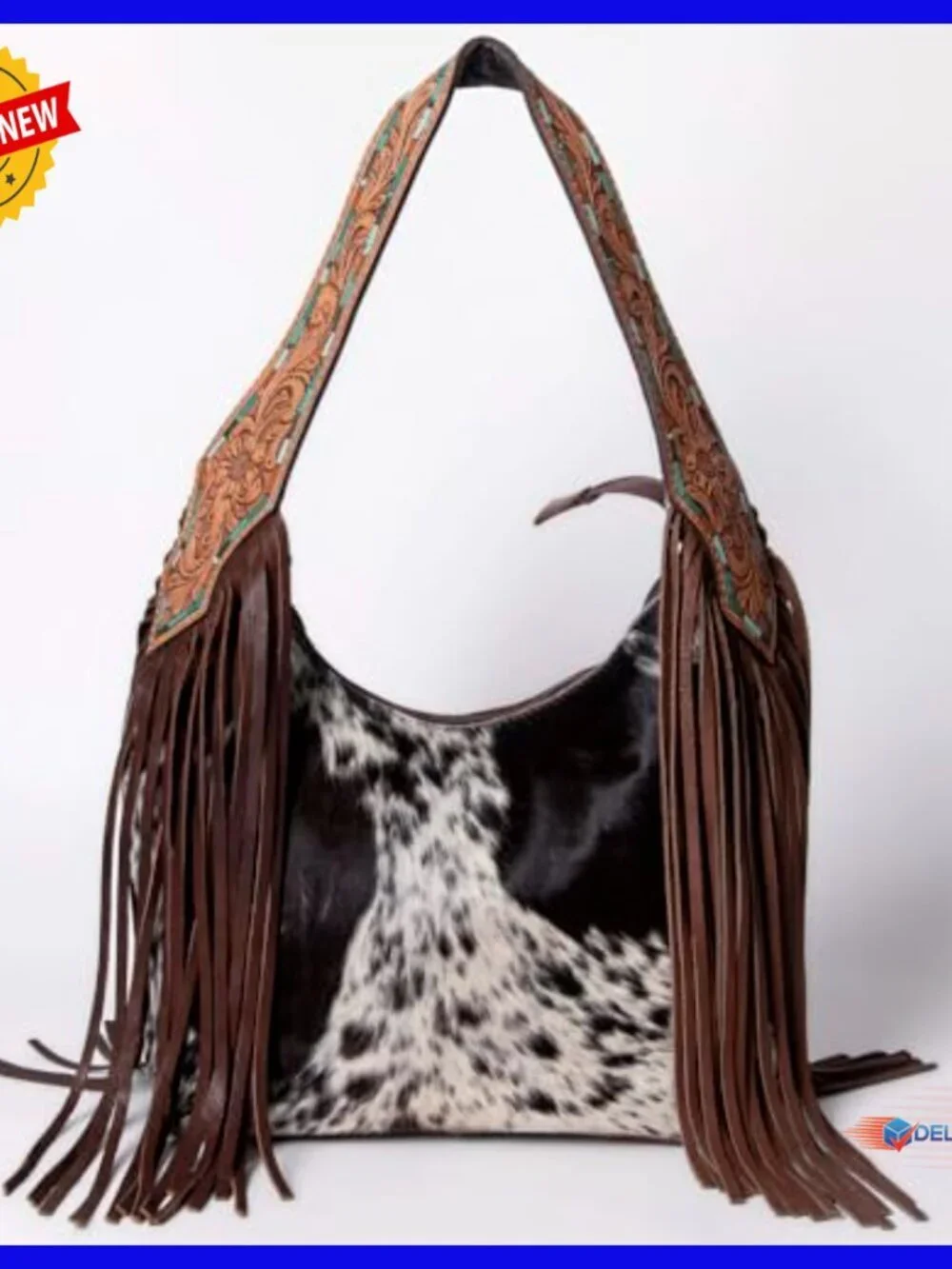 Western Hobo Leather Handbag with Fringe, Removable Strap, 10x17.5x5.5in